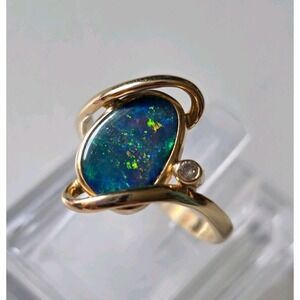 Vintage 14K Yellow Gold Black Opal Bypass Ring - Diamond Accent Size 7.25 3.06g